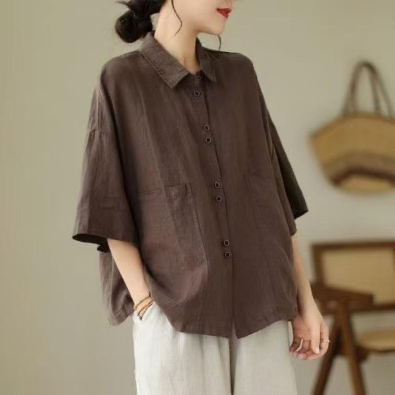 Womens Linen Cotton Button Up Blouse Casual Short Sleeve Pocket Shirt