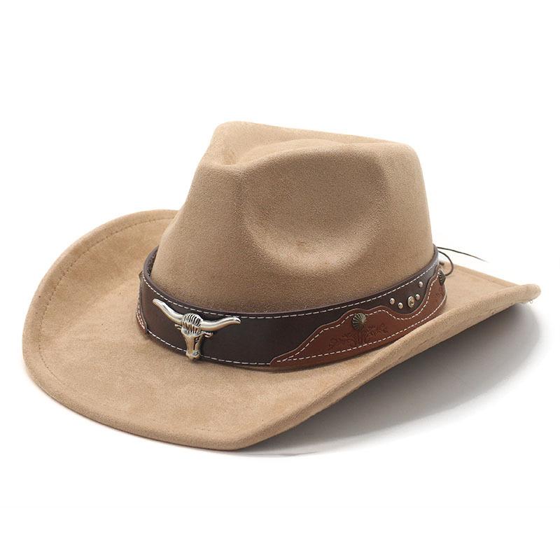 Retro Bull Head Western Cowboy Hat Men And Women, Tibetan Suede Jazz Hat, Big-Brimmed Top Hat