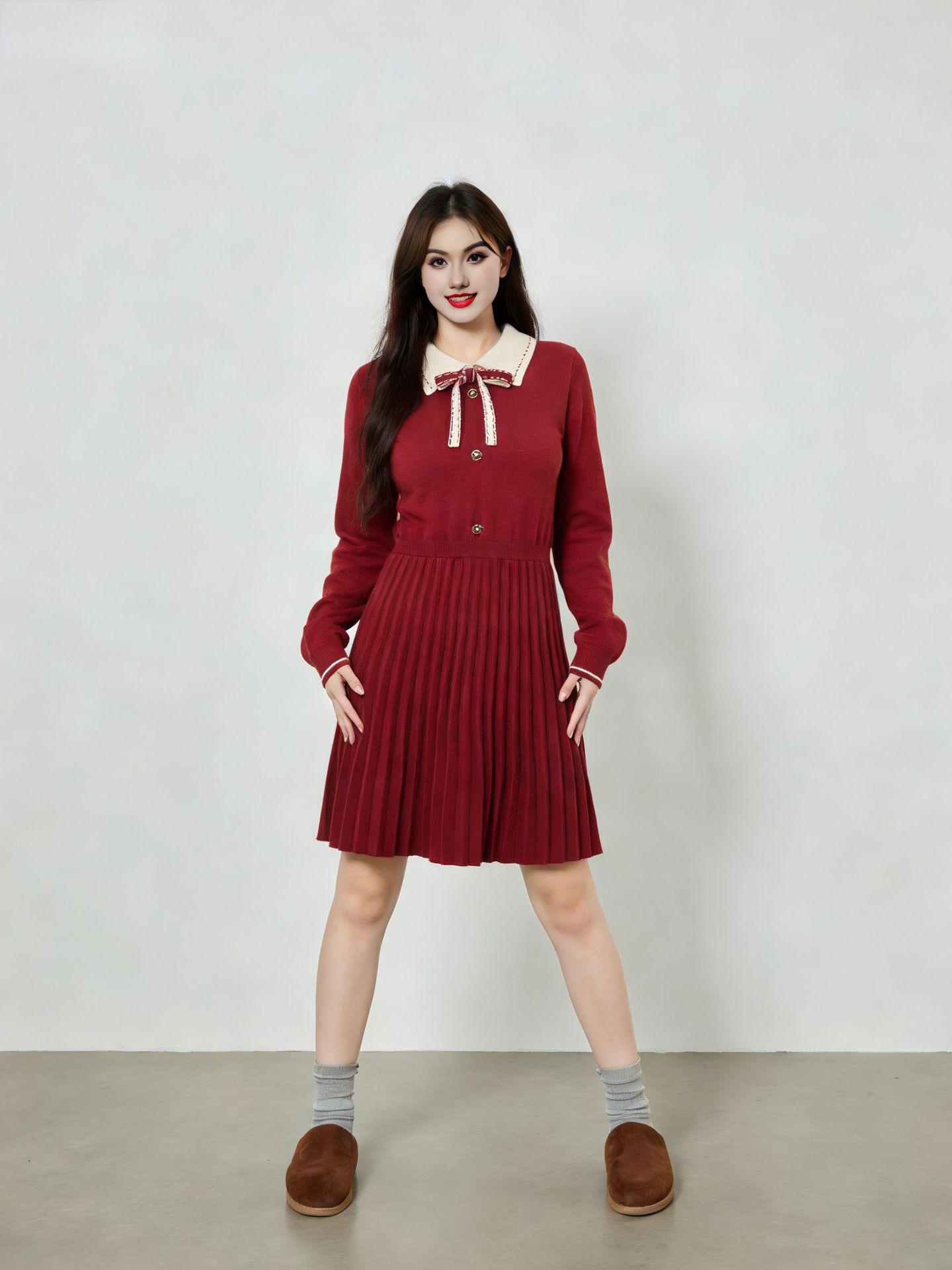 

Бесплатная доставка: Женское зимнее вязаное платье большого размера с воротником-поло и цветовыми блоками 2025 - Стиль Малый аромат для полных женщин XXL (75-90 kg) вино красного