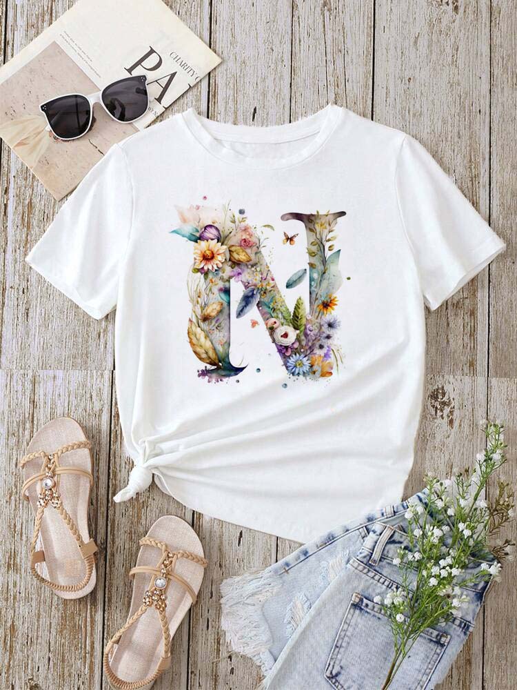 Custom Name Letter Combination Fashion Women T-shirt Floral Letter Font A B C D E F G Short Sleeve Tops White T-shirt
