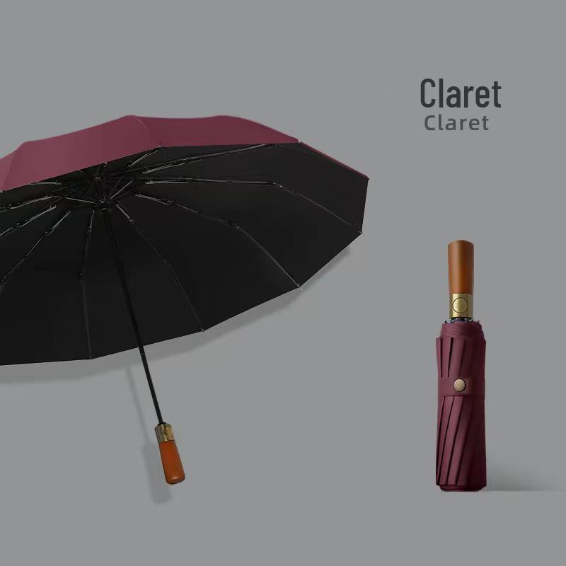 16-Rib Solid Wood Handle Black Sunshade Folding Umbrella - Large, Automatic, and Ideal for Business Gifts