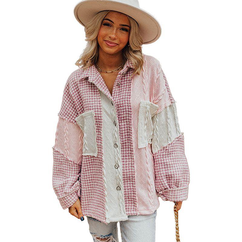 European and American Fashion Houndstooth Plaid Shirt Style Outerwear Women 2025 Winter New Color Matching Warm Long Sleeve Top Women