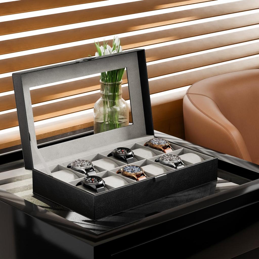 ProCase Watch Box for 12 Slots Watch Watch Storage Watch Holder Organizer for Watch Display Case with Glass Lid Men, Men's Case, Men,