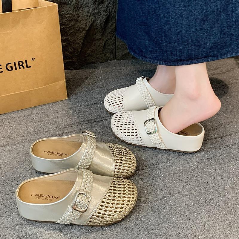 New Style of Semi-slipper Shoes with Woven Hollowed-out Toe Caps and Thick Soles for Lazy People To Wear on One Foot
