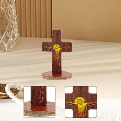 Wooden Standing Cross, Small Crucifix with Stand, 8cm Catholic Desk Jesus, Cross Stand for
