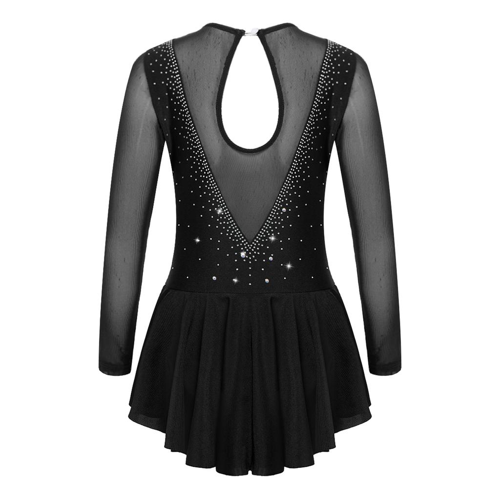 Kids Girls Shiny Dress Long Sleeve Hollow Back Gymnastic Leotard Roller Skater Ballet Dancewear