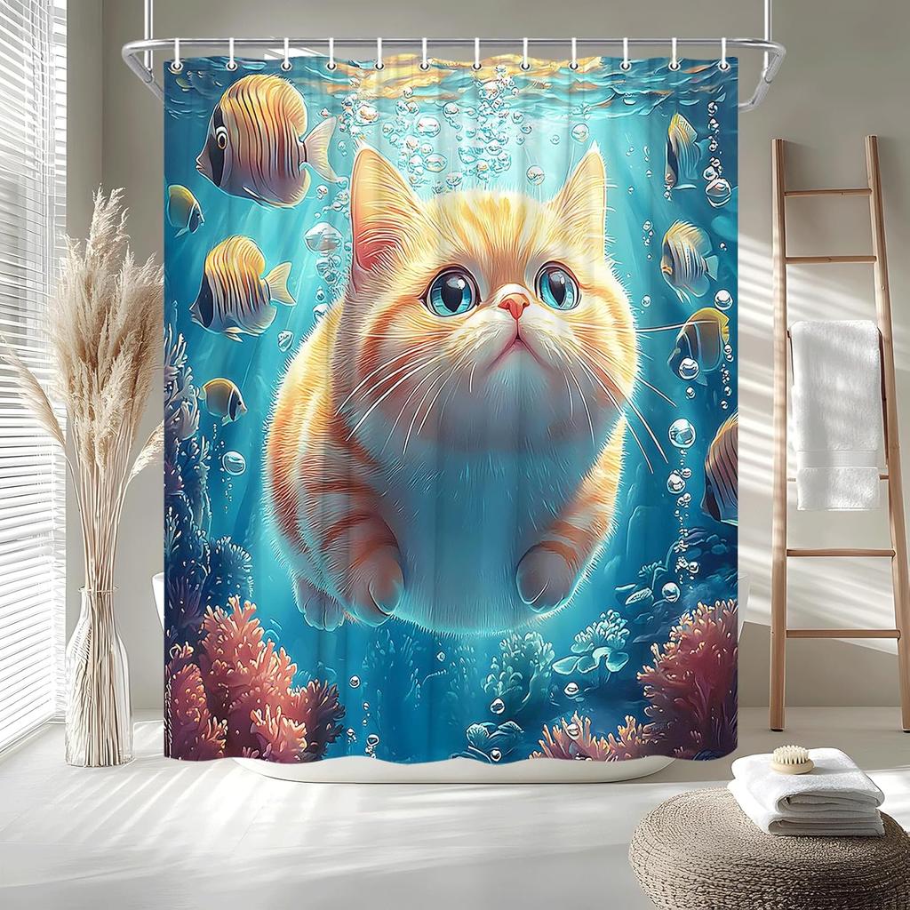 Funny Ocean Cat Shower Curtain Cute Orange Kitten Swimming and Fish in Sea Underwater World Coral Animal Lovely Pets Curtain