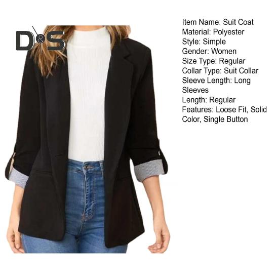 Women Suit Coat Lapel Roll-up Long Sleeve Solid Color Suit Jacket Single Button Loose Fit Spring Autumn Business Outerwear