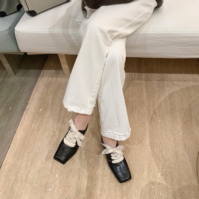 Cowhide Version~ Retro Literary Square Head Small Leather Shoes High Sense Thick Heel Front Lace-up Outside Wear Temperament Leather Single Shoes Wome