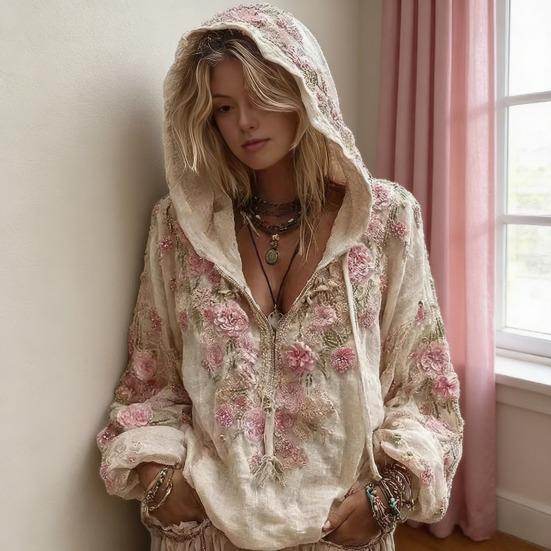 Women Tops 3D Flower Decor Hooded Zipper Sweatshirt Long Sleeve Loose Fit Autumn Winter Casual Sporty Outerwear