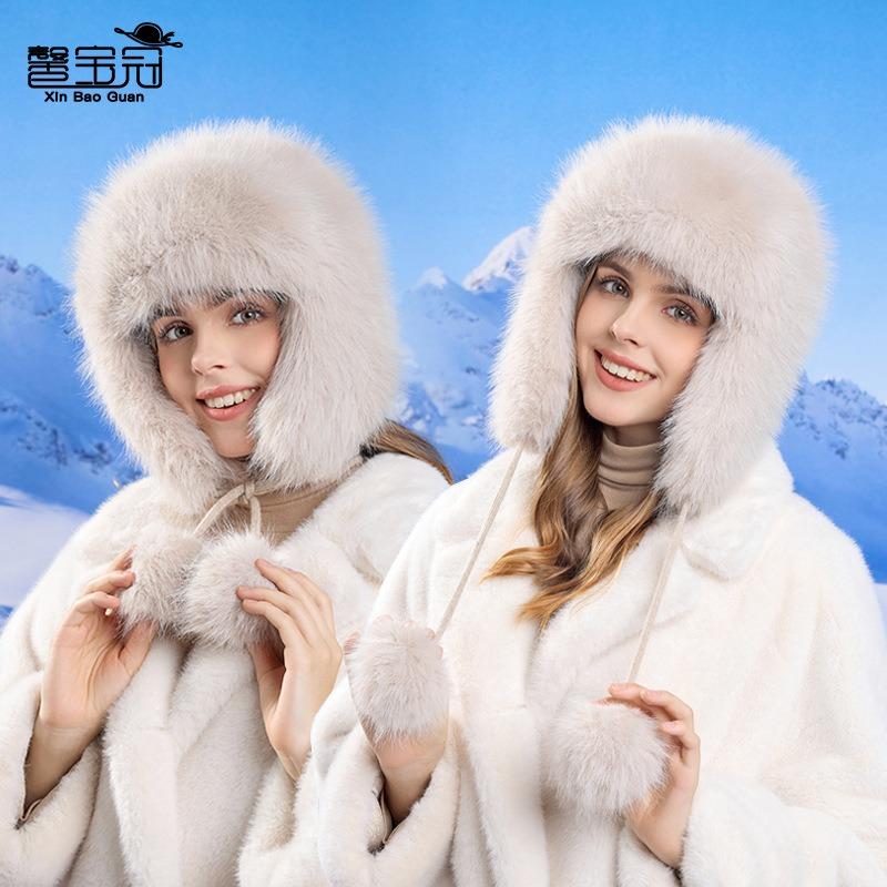 Winter Cold and Warm Outdoor Cycling Skiing Windproof Ear Protection Hat Women's Big Head Circumference Plush Pullover Hat