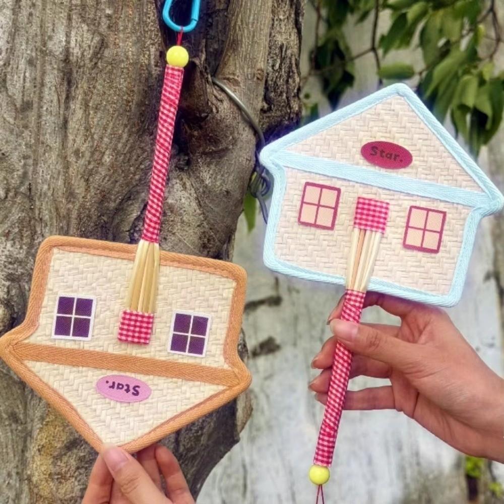 Portable Cartoon House Shape Fan Handcrafted Handwoven Handheld Cooling Fan Summer Daily Cooling