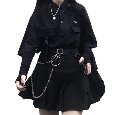 SHUMING Letní volný krátký rukáv plisovaný a korejský street JK Harajuku styl dámská souprava, střih, masově vyráběný styl, košile, sukně, pásek, ležérní,