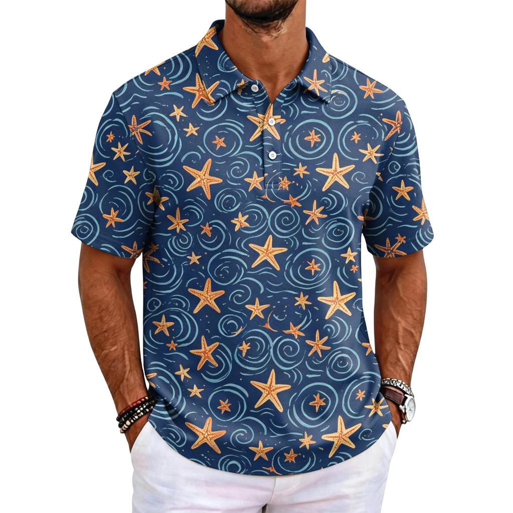 Men's Hawaiian Style Short Sleeve Polo Shirt Loose Fit Casual Top with and Geometric Print for Everyday Wear