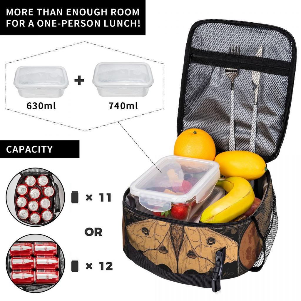 GothMoth Themed Artwork Print Insulated Lunch Bag for Women Kids Portable Food Boxes Thermal Lunch Box Tote