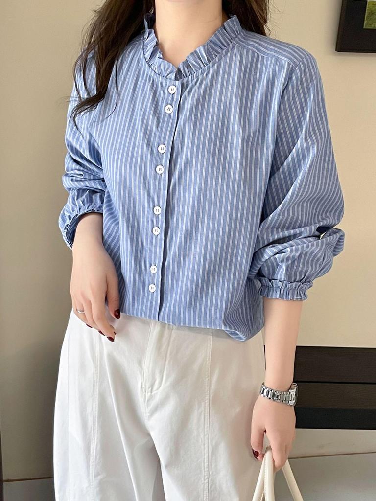 Spring 2026 Retro Stand Collar Ruffle White Shirt - Versatile Commuting Top