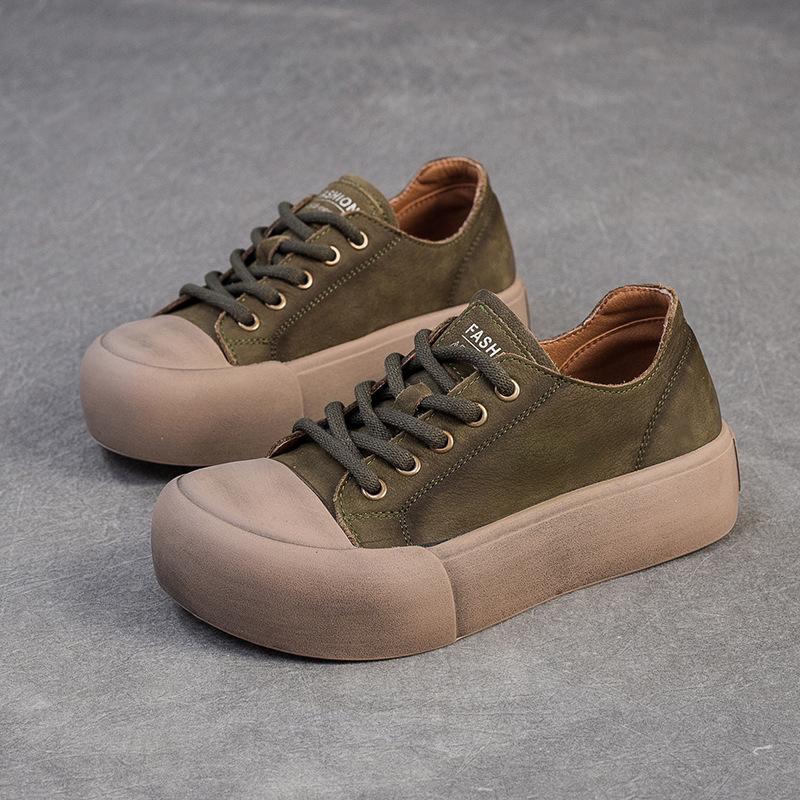 

Johnature Genuine Leather Thick Sole Women s Shoes Round Toe Lace-up Versatile Casual Flat Platform Shoes 39