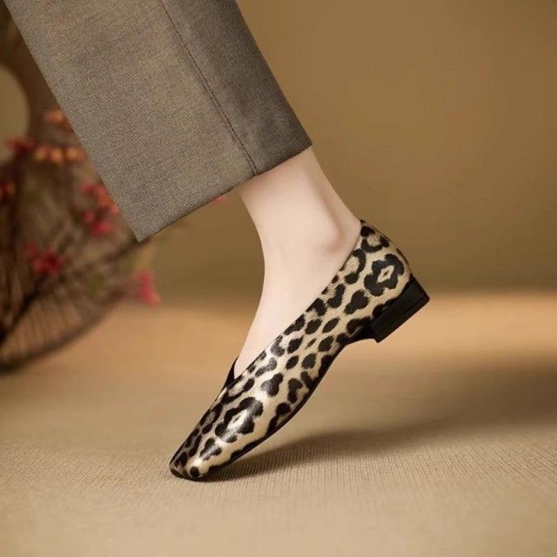 Cowhide Clear Goods Genuine Leather Retro Square Head Leopard Print Single Shoes Women's Spring and Autumn New Thick Heel Small Leather Shoes