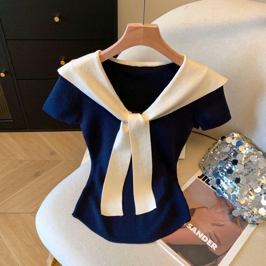 Summer new contrasting color navy collar fake two-piece splicing shawl short-sleeved T-shirt women's waist and thin top