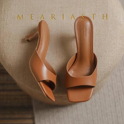 Fashion Women's High Heel Slippers Luxury Cowhide Leather Slippers Fashion Square Head Mules Slippers Summer Open Toe High Heel Slipper