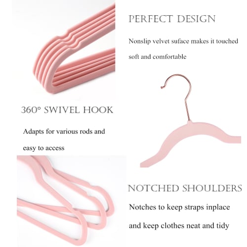 AREKUAEI Premium Blush Pink Velvet Hangers (50-Pack) Heavy-Duty - Non-Slip - Copper/Rose Gold Hooks, Space-Saving Clothes Hangers