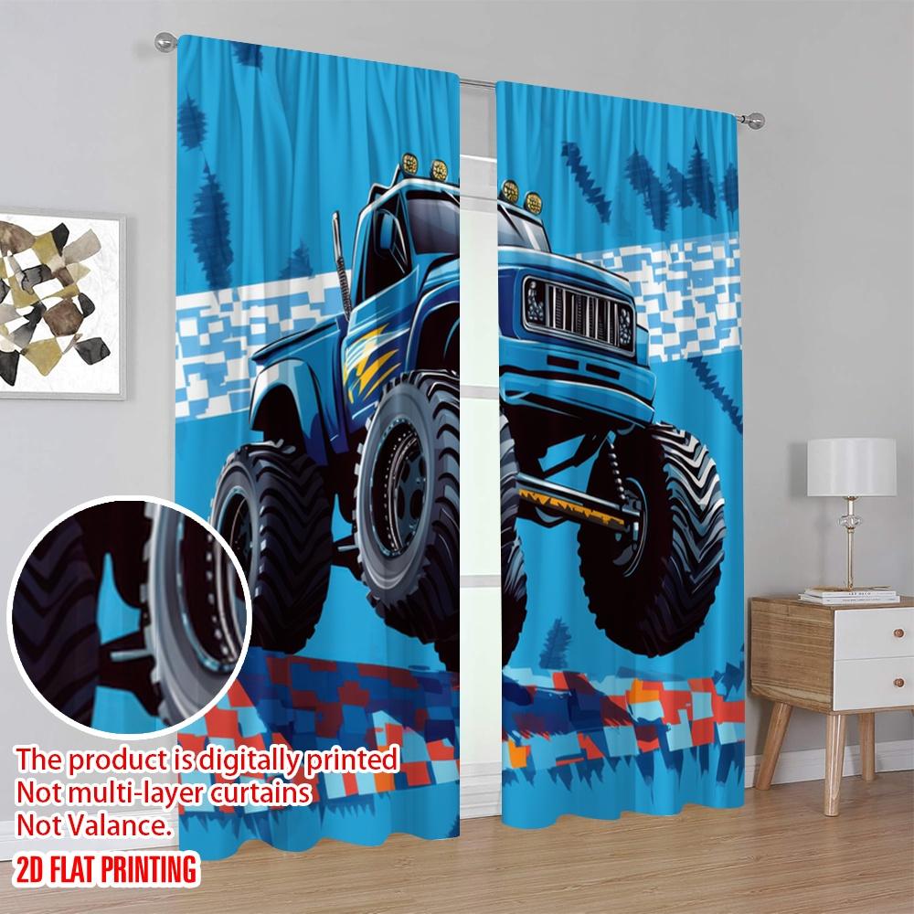 2pcs,2D Plane Printing Popular Curtain Panels Monster Truck Zoom Polyester Fabric (without Rod) Holiday for Bedroom, Living