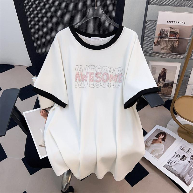 Plus Size Figurformendes, lockeres, mittellanges Kurzarm-T-Shirt für Damen – Rundhalsausschnitt 
