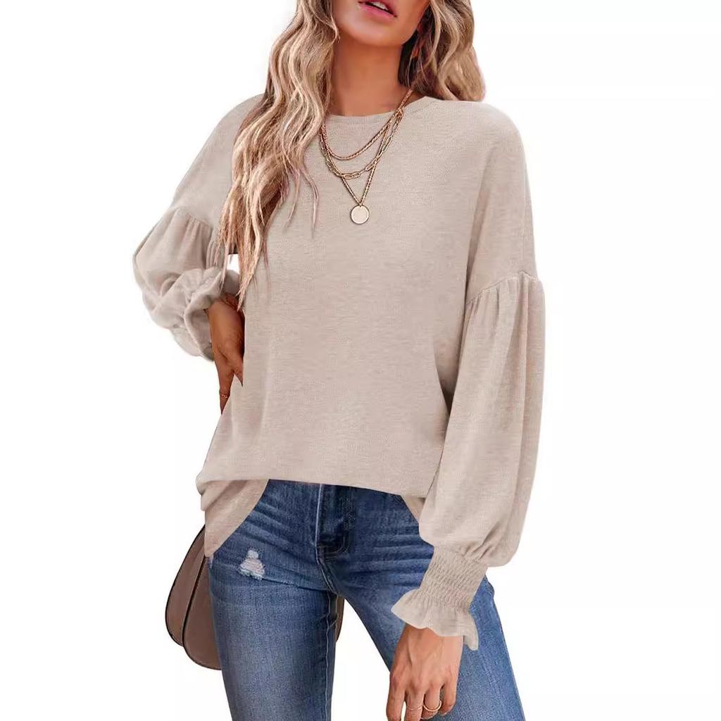 Women's tops, autumn and winter new round neck pleated lantern sleeve women's long European and American T-shirt