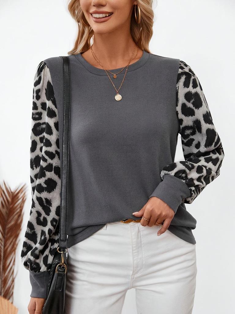 Damski T-shirt z długim rękawem, okrągłym dekoltem i patchworkiem w panterkę, jesień/zima 2024