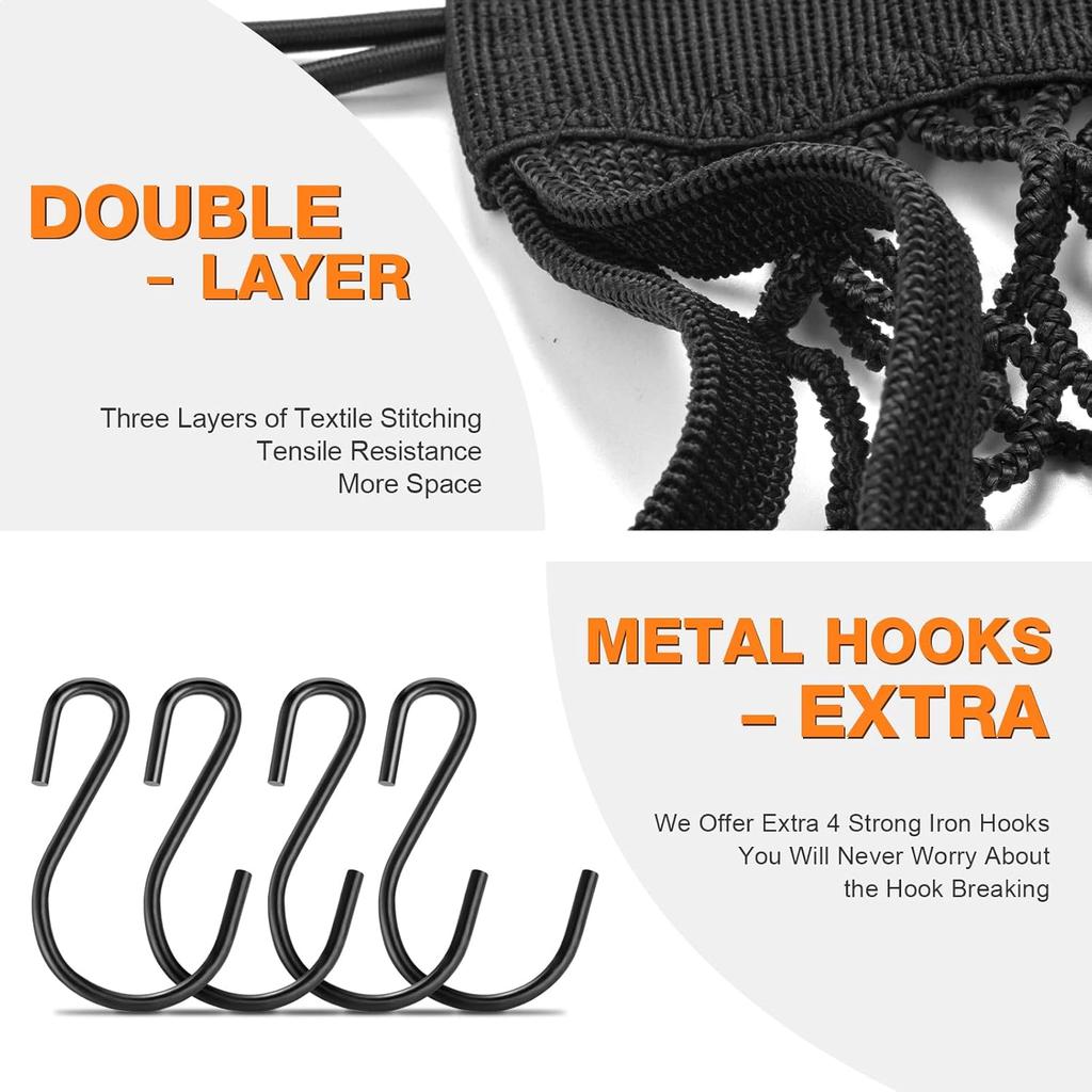 Upgrade Cargo Net for Motorcycle Helmet Storage 10X11High-Elastic Double Layer Bungee Net with 4 Strong Hooks Luggage Strap Rack