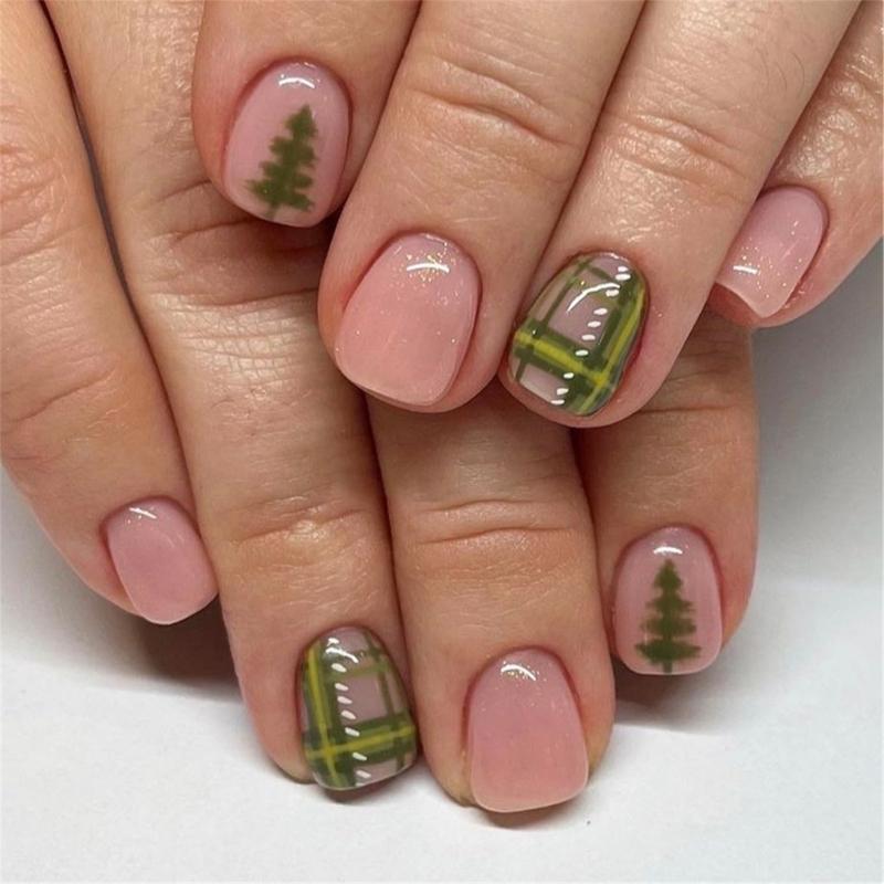 Short Square False Nails with Christmas Tree Christmas Press On Nails Stripes Full Cover Stick On Nails for Women Girls
