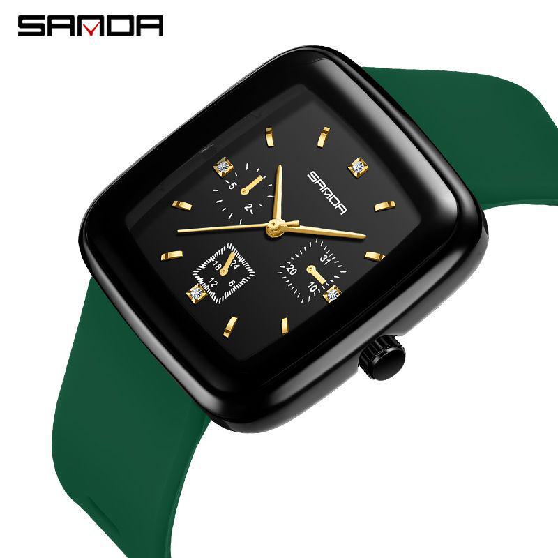 Sanda Square Men's & Women's Quartz Watch with Silicone Strap, Six Hands, Waterproof, Bar Markers, Fashionable Design