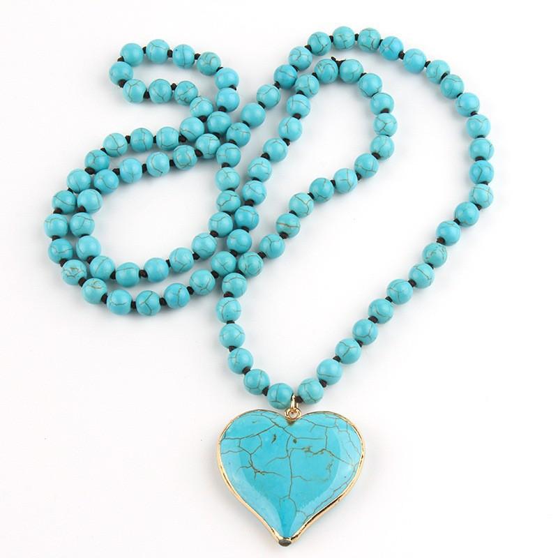 

Bohemian Turquoise Heart Pendant Long Layered Vintage Beaded Statement Necklace Handmade Macrame Jewelry for Women зелений