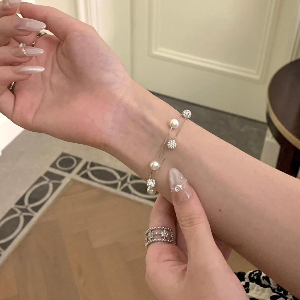 Bracciale in argento puro S925 con zirconi francesi a doppio strato, sfera Shambhala, perla, perla d'acqua dolce naturale