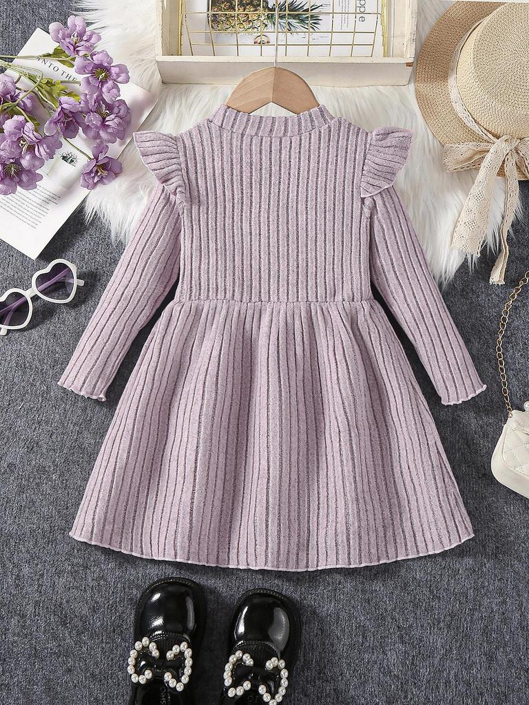 Girl's Casual Fashion Outfit with Striped Ruffle Edge Long Sleeves&comfortable Solid Color Dress for Spring, Autumn and Winter Styles
