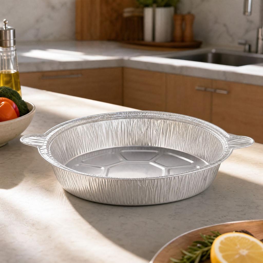 Disposable Round Aluminum Foil Pans with Handles, for Oven and Fryer, Baking and Grilling Fish and Meat