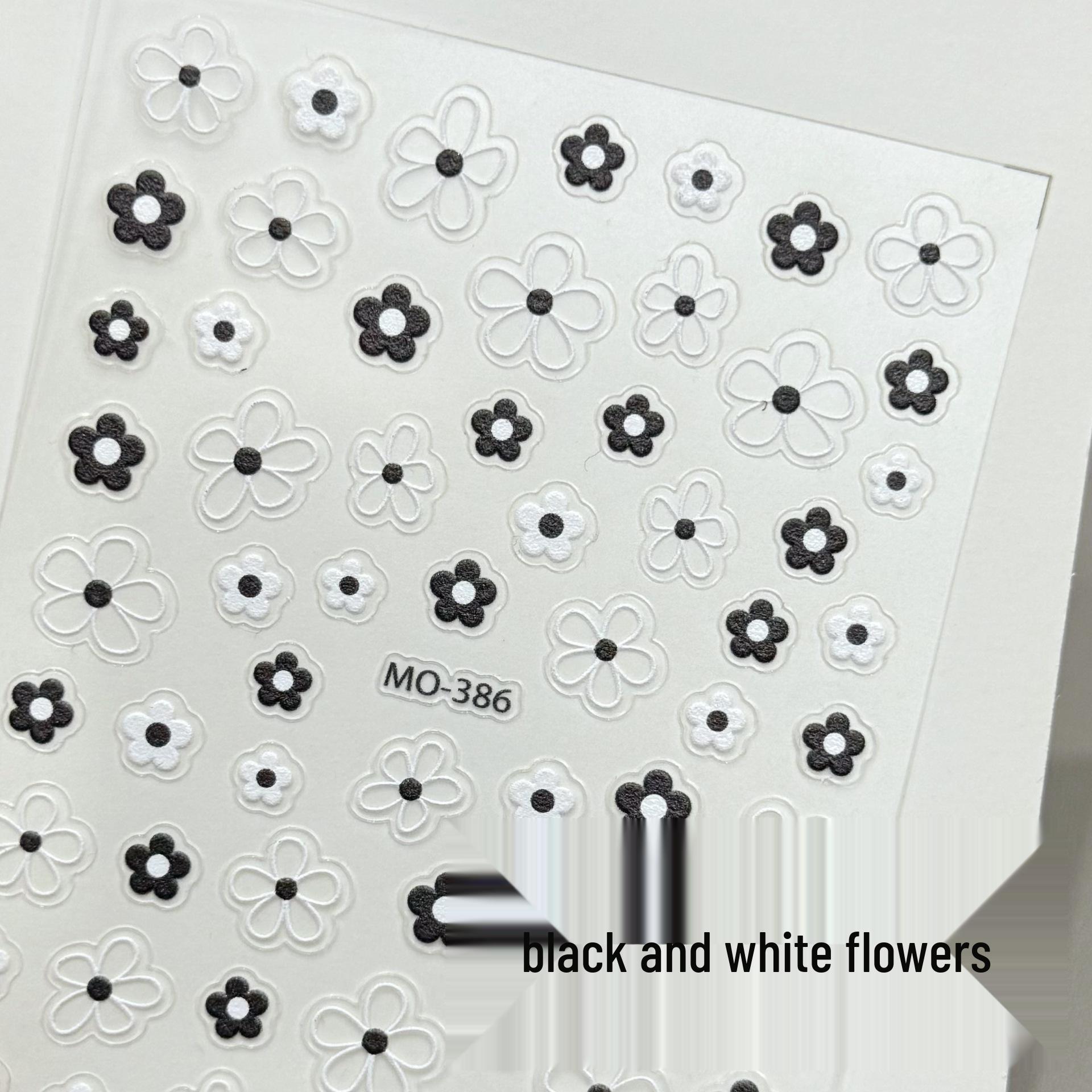 Japanese Style Black & White Floral Embossed Nail Stickers - Hand-Painted Design