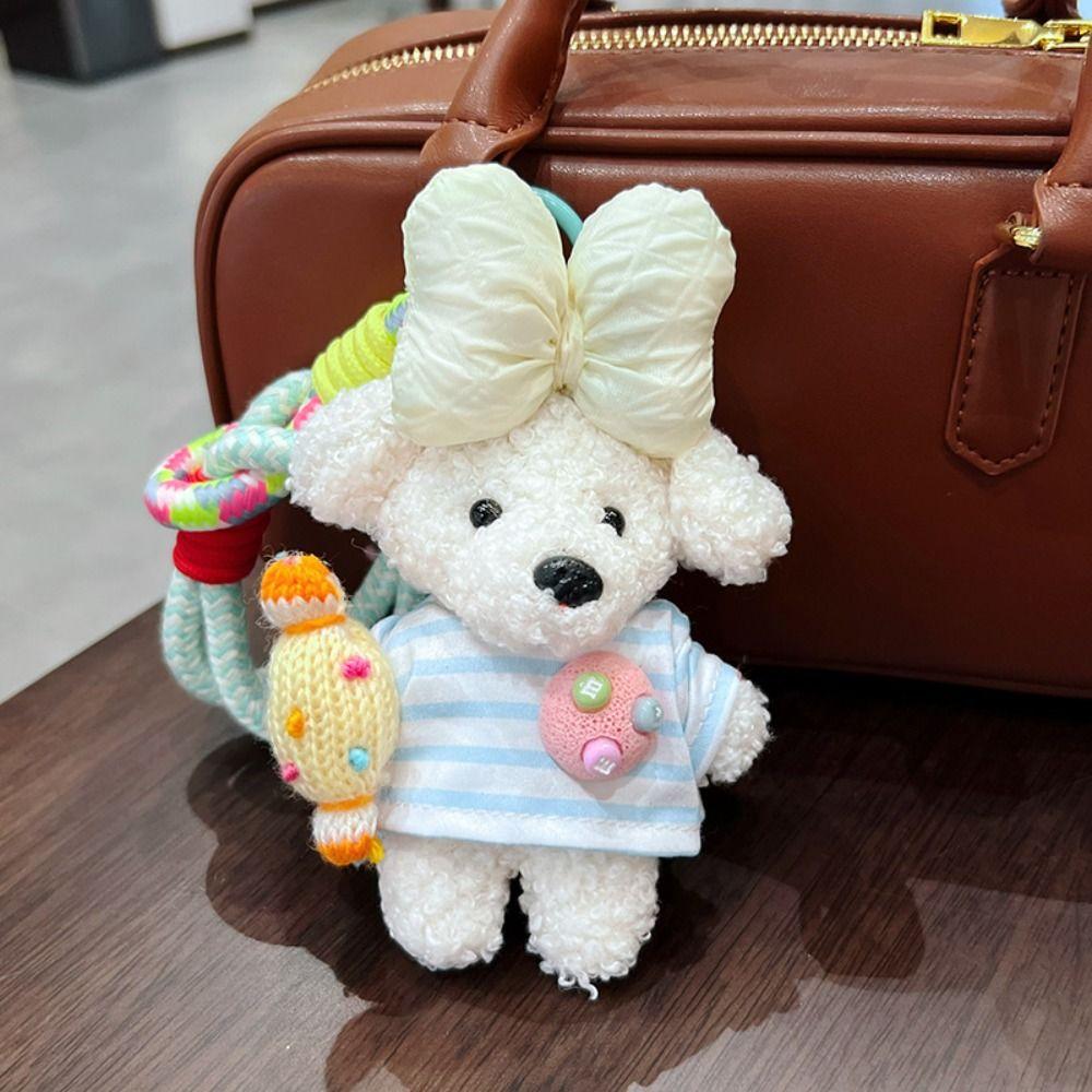 Striped Top Plush Puppy Pendant Stuffed Fluffy Car Key Ring Trend Bag Charm  Bag Pendant