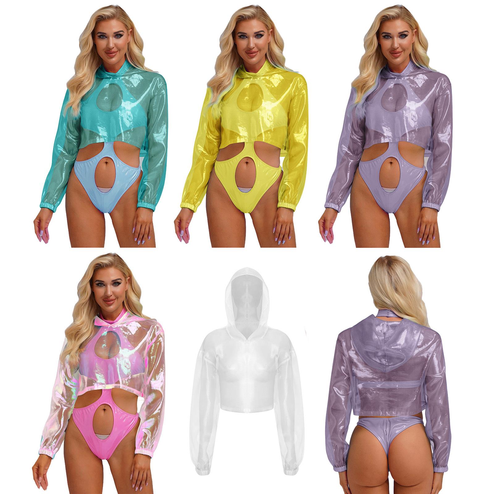 

Womens Sparkly Sheer Top Hooded Long Sleeve Cropped Design Loose Fit Tops Club Rave Party