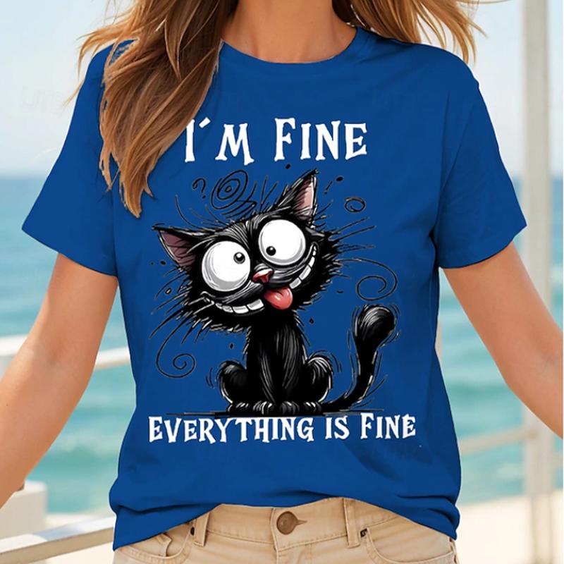 

Жіноча літня футболка Ретро мода Футболки з коротким рукавом Повсякденні Топи з принтом кошеняти 8XL білий