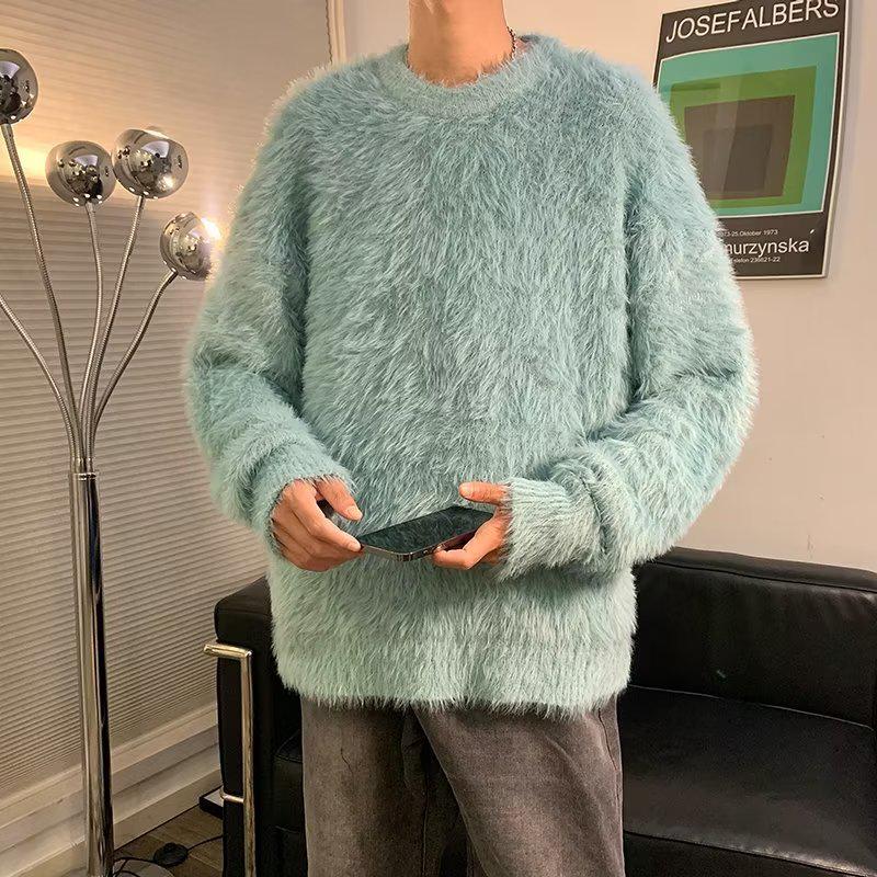 

Мужской пушистый свитер из мохера оверсайз - модный, мягкий и высококачественный круглый вырез белого цвета