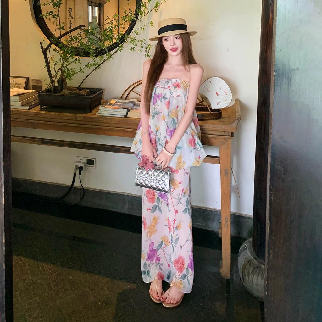 French gentle chiffon floral tube top dress fairy summer seaside vacation atmosphere photo long skirt
