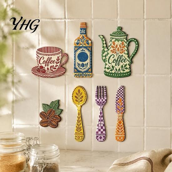 Coffee Station Decor 7Pcs Themed Wooden Wall Decor, 2D Flat Farmhouse Kitchen Art Plaques, Country Style Ornaments for Dining Room Cafe Home