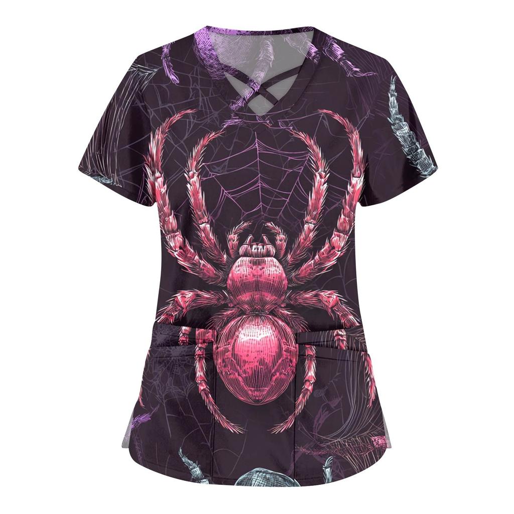 Women's Fashion Cross V Neck Short Sleeve Overalls Double Pockets Halloween Printed Tops Uniforms