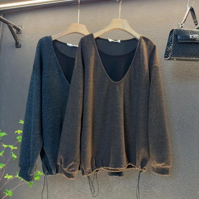 Tops for Women Long Sleeve Shirts Winter Oversize V Neck Thickened Casual Cotton Shirt Loose Blouse Pullover Tops