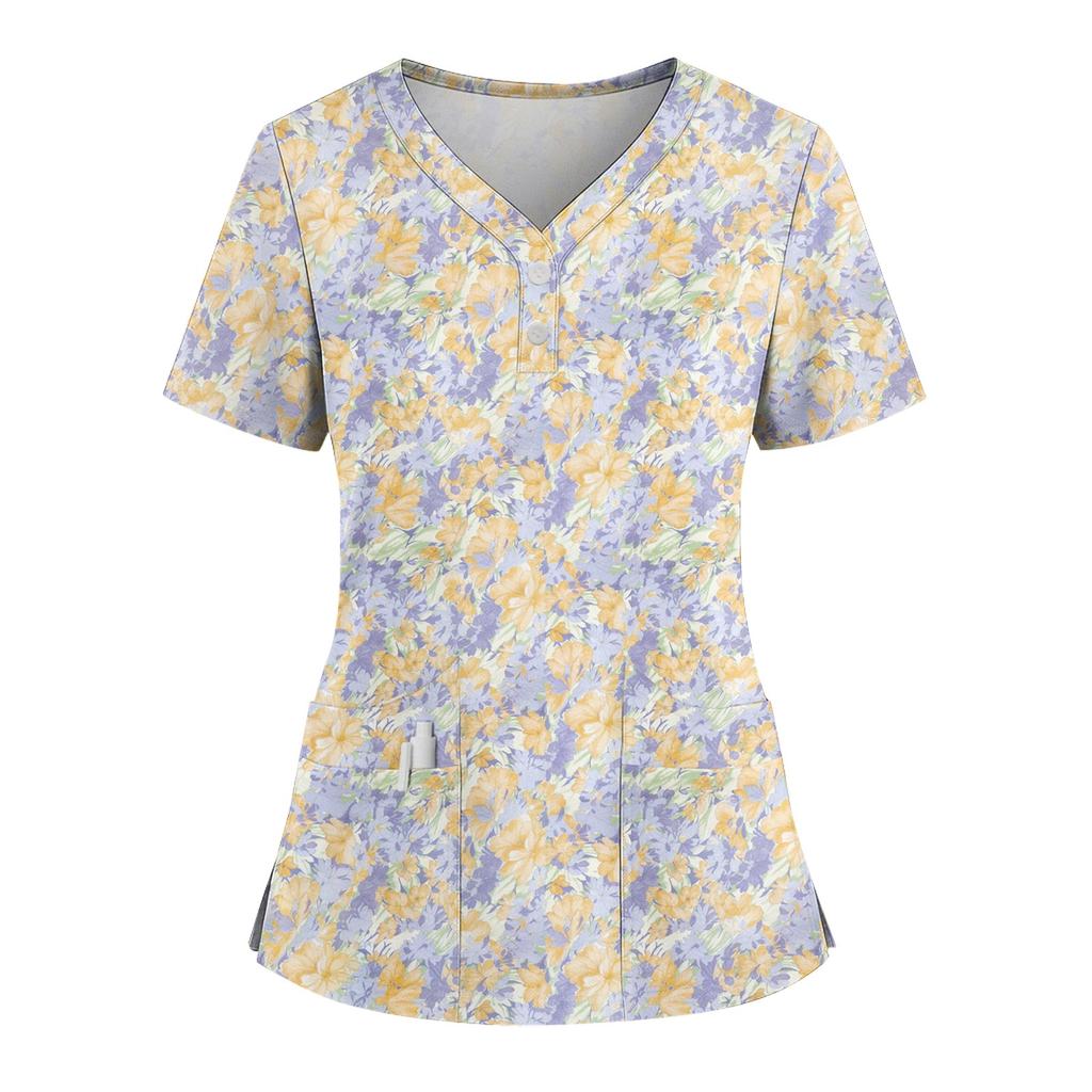 Dames Løs Kortarmet Mote Blomster- og Plante trykk V-hals Kneppbar Sideslisse Topp T-skjorte