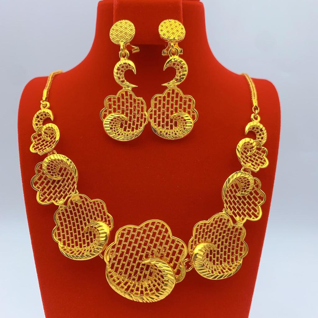 Gold-Plated Brass Flower Necklace & Earrings Set for Women's Wedding Jewelry