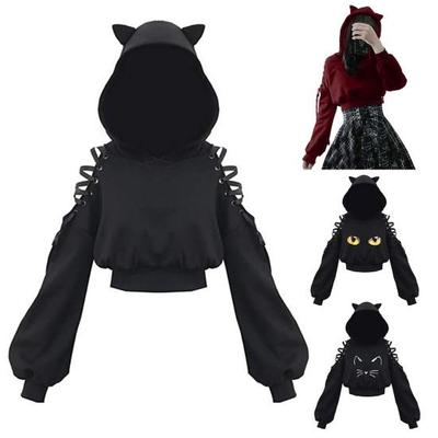 Jesień damska luźny krój Halloween sportowa bluza z kapturem drążona sznurowana zimne ramię z długim rękawem dekoracja ucha kota bluza z kapturem krótka bluza