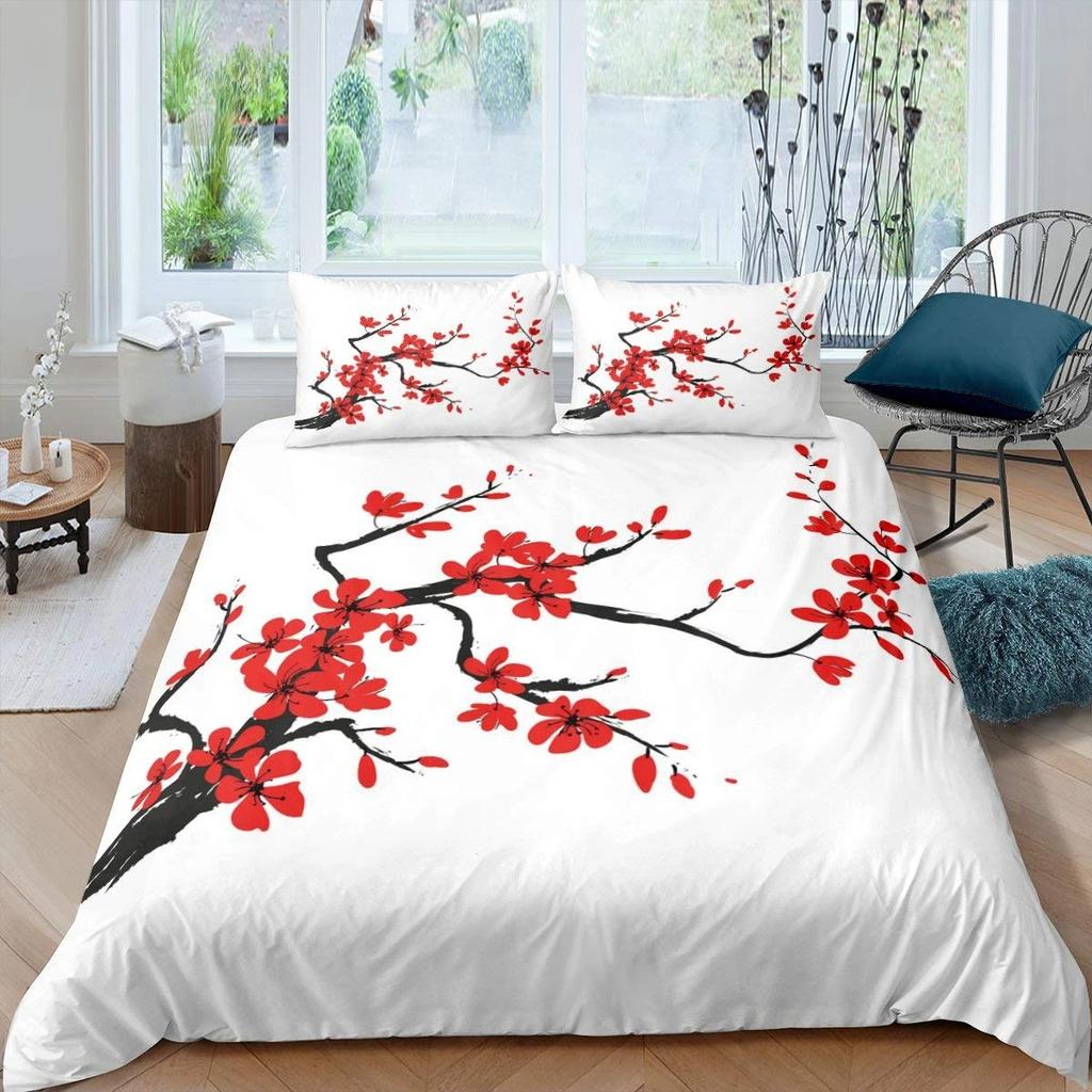 Plum Blossom Duvet Cover Set Red Flower Floral Comforter Cover For Girls Teens Microfiber Butterfly Branches Printed Bedding Set