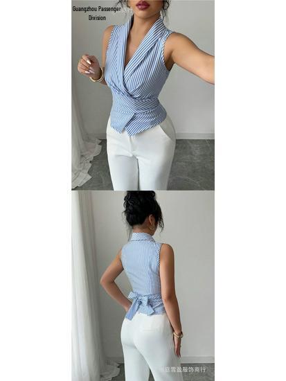 Striped Sleeveless Tie-Waist Slimming Vest for Women